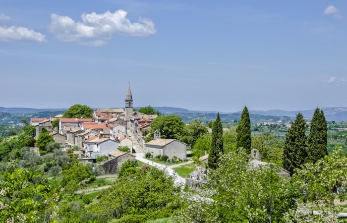 A picturesque view of Hum, Croatia, the smallest town in the world, nestled on a hilltop.