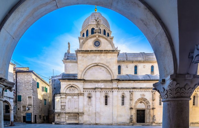 The historic St. James Cathedral of Šibenik, a UNESCO World Heritage Site, showcasing its impressive dome and facade.