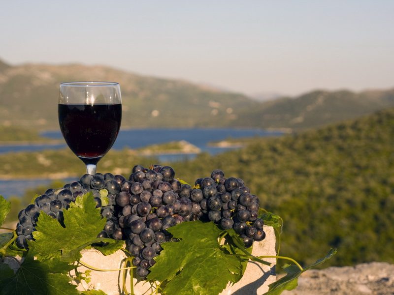 A glass of red wine and a bunch of grapes on a stone wall with a view of the Pelješac peninsula in Croatia.