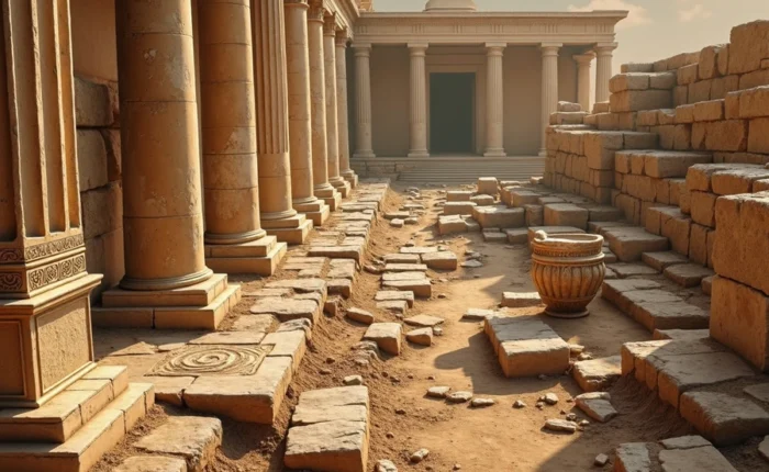 An ancient courtyard featuring weathered stone columns, scattered ruins, and a large ceramic urn under warm sunlight.