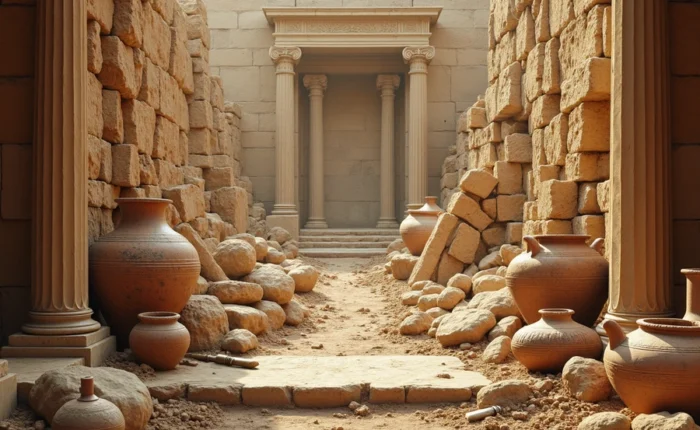 Ancient stone passageway lined with weathered pottery and classical columns, scattered with rocks and remnants of history - evocative archaeological ruins basked in warm sunlight.