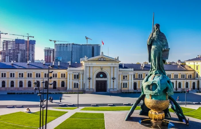 Monument to Stefan Nemanja in front of the Old Belgrade Railway Station, with modern skyscrapers in the background - iconic landmark and must-see attraction in Belgrade, Serbia.