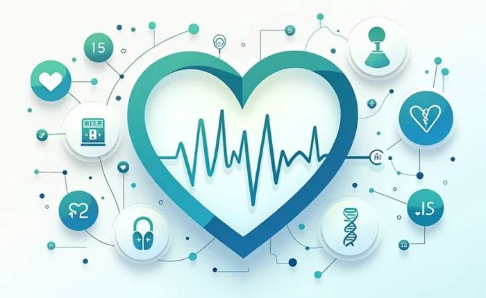 Modern heart-shaped icon with ECG pulse surrounded by digital healthcare symbols, illustrating technology-driven patient care and medical innovation.