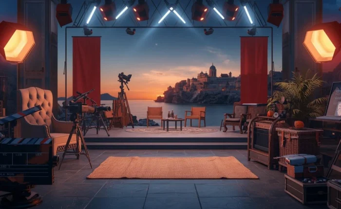 Stylish film production set with cameras and vintage lights facing a seaside sunset view, with castle-like buildings on a distant cliff - blending cinematic creativity with breathtaking scenery.