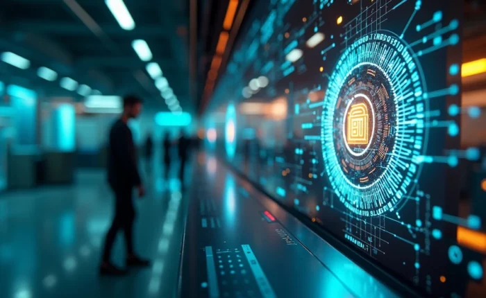 Cutting-edge digital interface with glowing circuits and central data icon, set in a modern high-tech environment - symbolizes technological advancement and innovation in the digital age.