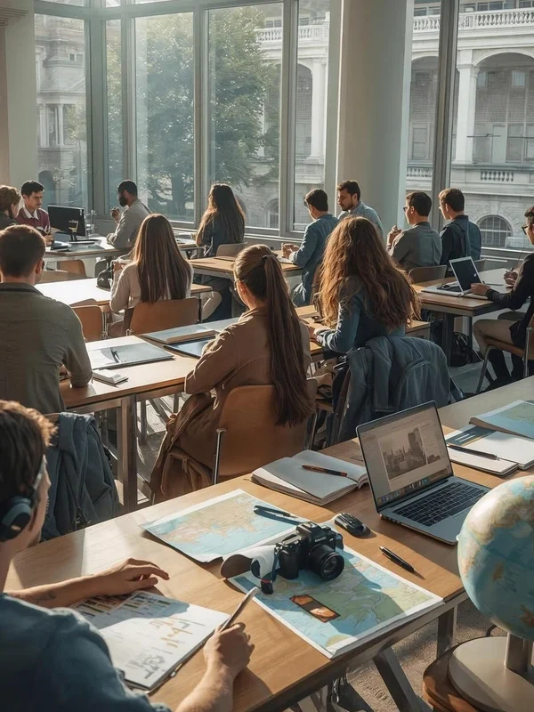 Study Tours – Learning Through Travel and Experience Students in a bright classroom with maps, laptops, and a camera, learning about geography and travel - representing study tours and experiential education.