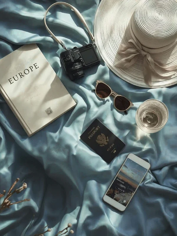 Study Tours – Travel Essentials for Exploring Europe Travel essentials for a study tour - hat, passport, camera, sunglasses, smartphone, and a guidebook titled “Europe,” laid on soft blue fabric.