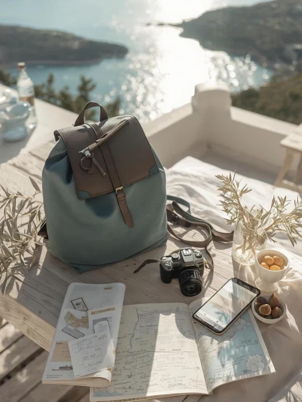 Study Tours – Travel, Learning, and Exploration Backpack, travel notes, camera, and smartphone on a wooden table with a sea view - symbolizing study tours, exploration, and learning through travel.