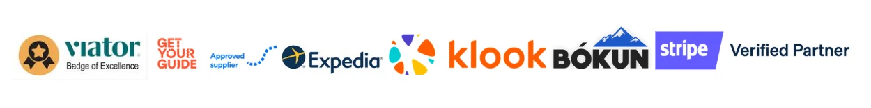 Logos of trusted and verified travel and tourism partners including Viator, Get Your Guide, Expedia, Klook, Bokun, and Stripe Verified Partner.