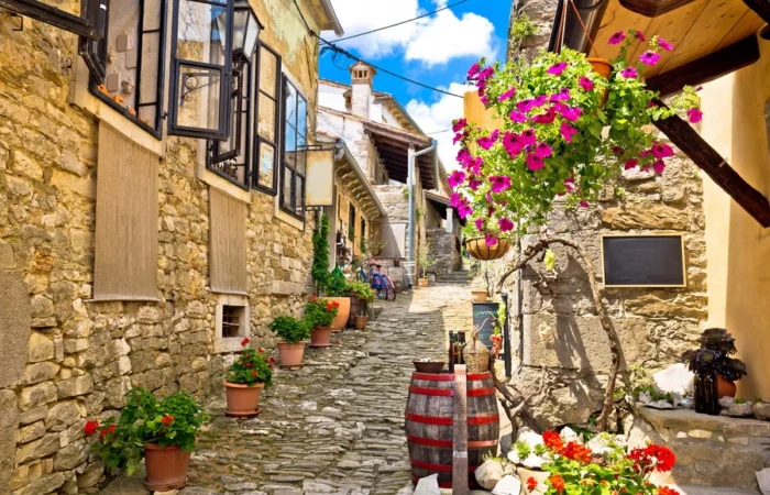 Colorful cobbled street in Hum, Istria, Croatia, lined with potted flowers, rustic stone houses, open windows, and hanging blossoms on a bright sunny day.
