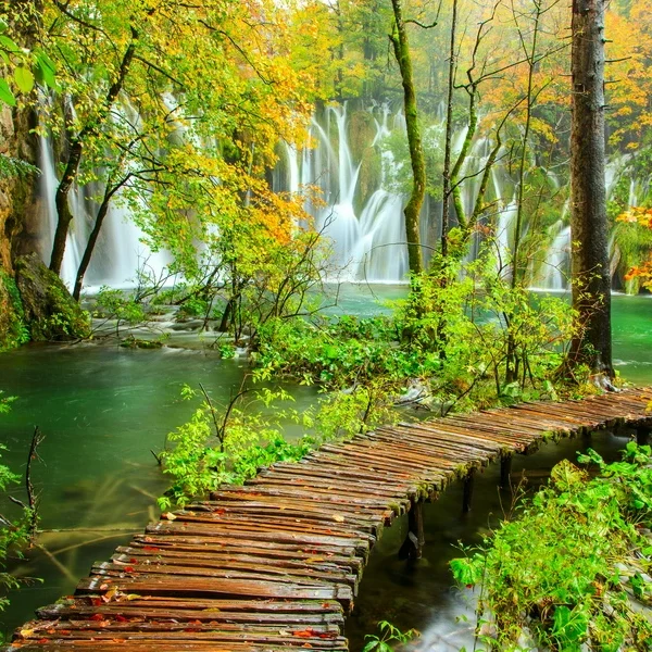 Wooden boardwalk in autumn with golden leaves and waterfalls in Plitvice Lakes National Park, Croatia, surrounded by forest and emerald water.
