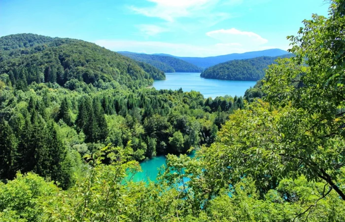 Wide overlook of Plitvice’s upper lakes amid rolling forested hills under a bright summer sky in Croatia.