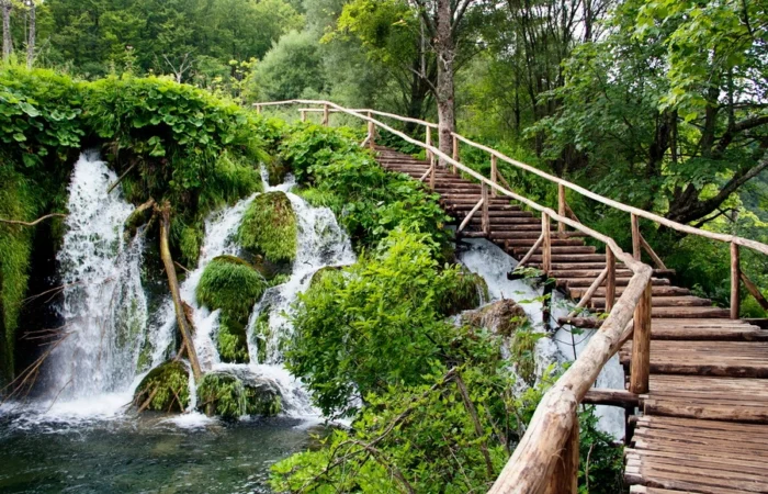 Wooden stairway path winding along a lush green waterfall in Plitvice Lakes National Park, Croatia, surrounded by thriving summer foliage.