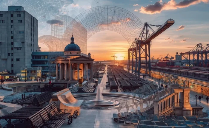 Surreal cityscape blending classical domes, fountains, and grand steps with modern port cranes, rail tracks, and industrial elements at sunset - an artistic representation of evolving urban environments.